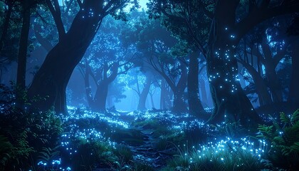 A forest scene bathed in ethereal blue light, showing trees, undergrowth, and glowing orbs