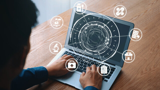 Online pharmacy icons showing medicine, healthcare, prescription and medical services with digital pharmacy, online drugstore, telemedicine and modern pharmaceutical solutions. Gist - Powered by Adobe