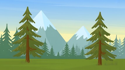 Fototapeta premium Digital illustration of a serene mountain landscape with pine trees and snow-capped peaks under a clear sky