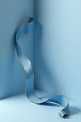 A Serene Blue Ribbon with Golden Accents Curls Elegantly in a Minimalist Corner Setting