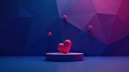 Romantic 3D Hearts on a Geometric Platform with Vivid Hues