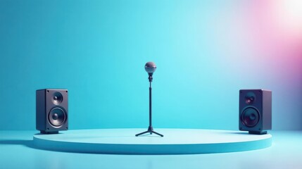 Studio Setup A Microphone on a Stand Between Two Speakers on a Circular Platform Against a Teal Background