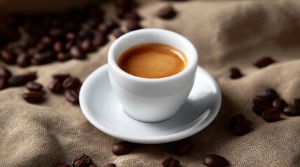 Fototapeta premium A fresh cup of espresso sits on a simple white saucer. Coffee beans surround the cup, highlighting its rich flavor. This image captures the beauty of coffee culture. AI