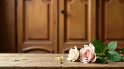 Rustic Wooden Tabletop Featuring Delicate Pink and Cream Roses with Scattered Petals