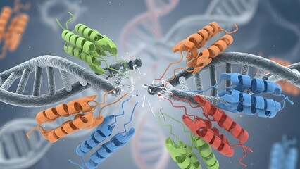 3D Rendering of Complex Protein DNA Interaction and Genetic Transcription in Molecular Biology