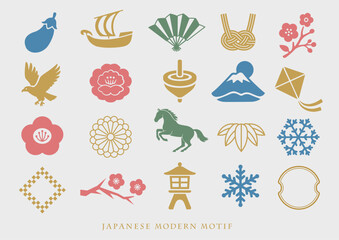 ワンカラーシルエットの冬の風物詩の和モダンアイコンセット