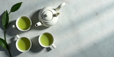 Serene Still Life Three Cups of Verdant Tea Beside a Porcelain Teapot and Greenery on a Light Grey Surface