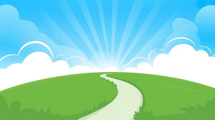 Winding path over green hills to a radiant horizon with sunbeams under a blue sky, illustrating new beginnings, journey, and opportunities