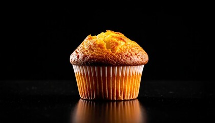 A close-up of a golden baked muffin in a white paper cup, against a black background, with a glossy reflection