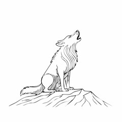 Obraz premium Sketch of a wolf howling on a rocky outcrop