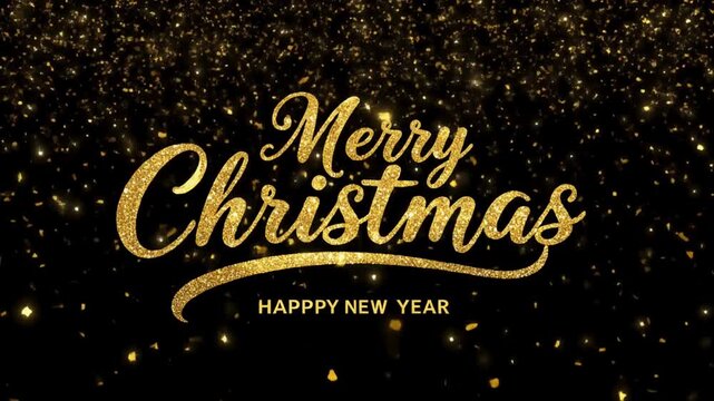 Golden Christmas: A festive golden script of Merry Christmas and Happy New Year sparkle against a backdrop of twinkling gold lights. A perfect greeting for the holiday season.