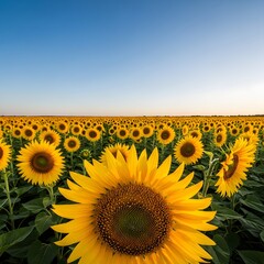 Fototapeta premium Vibrant Sunflower Field at Sunset Under a Clear Blue Sky