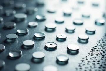 Close-up view of numerous small, circular, metallic objects arranged in a grid pattern on a textured surface, with subtle cross markings on some