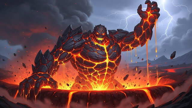 Colossal lava golem titan monster rising from fiery volcanic landscape 
