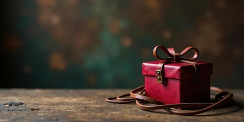 A crimson gift box with a rustic leather bow rests on a weathered wooden surface against a blurred, dark background