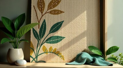 Serene Home Decor with Textured Wall Hanging and Lush Greenery
