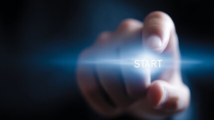 A person touches a glowing button with the word START. This image shows a hand in a modern style. It symbolizes beginnings and new journeys. Perfect for digital media and motivational content. AI