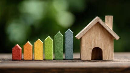 Energy efficiency rating concept showing wooden house with low consumption on renovation with insulation and Sustainable development on a wood surface