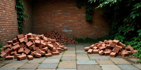 Two Piles of Red Bricks Resting Against a Brick Wall in a Courtyard Setting