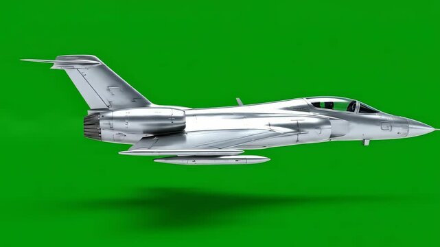 Sleek Silver Fighter Jet Flying on Green Screen.