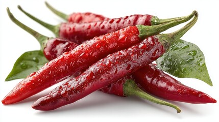 Pile of fresh red chili peppers with green leaves and water droplets on white background