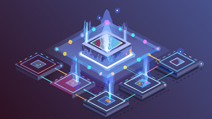 Isometric illustration of a central processing unit connected to other processors with light beams