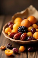 A rustic bowl overflowing with a medley of sun-kissed apricots, sweet dates, and vibrant berries, a wholesome and delightful fruit arrangement.