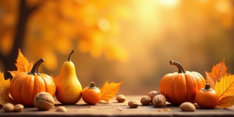 Autumnal Still Life Featuring Pumpkins, Pear, and Nuts on Wooden Surface with Fall Leaves