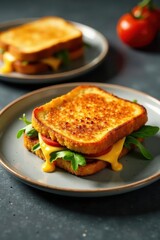 Golden-brown grilled cheese sandwich with melted cheese and fresh arugula on a plate
