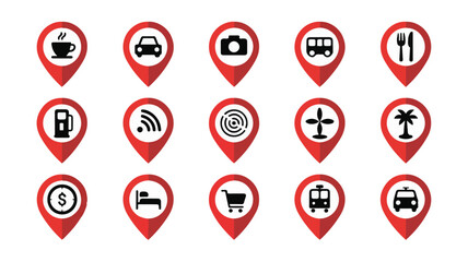 A set of 20 black and white line art icons representing various common services and places on a white background, ideal for navigation and location-based applications