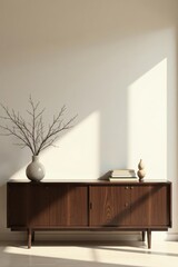 Simple Modern Home Decor Dark Wood Cabinet with Minimalist Accents and Dried Branches