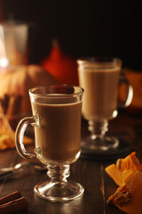 Glasses with warm pumpkin latte	