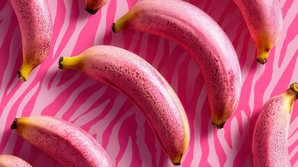 Pink bananas lying flat on bright pink zebra striped background creating a striking minimal and playful tropical fruit pattern design