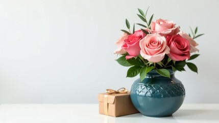 A lovely bouquet of pink and coral roses arranged in a teal ceramic vase sits next to a small wrapped gift on a pristine white surface.