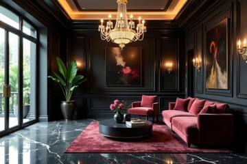 Luxurious Dark Interior Design with Velvet Sofa and Crystal Chandelier in Elegant Living Room