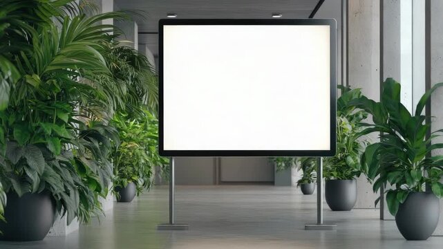 Video A vacant billboard is situated inside a building surrounded by potted plants