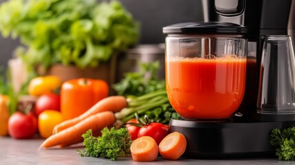 Freshly made juice in a modern juicer. Colorful vegetables surround the juicer, showcasing healthy ingredients. Perfect for healthy living and vibrant meals. Enjoy nutritious drinks every day. AI