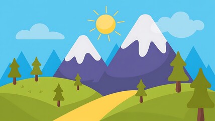 Fototapeta premium Beautiful flat design illustration of a serene mountain landscape with a winding path and sun