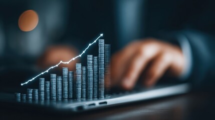 Financial businessman analyzing company growth with tablet and laptop, charting income goal setting and long term investment for goal development