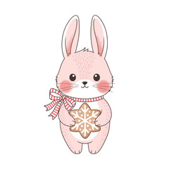 Fototapeta premium Adorable flat illustration of a cute pink christmas character rabbit holding a snowflake cookie, embodying the spirit of winter holidays and festive christmas ornaments