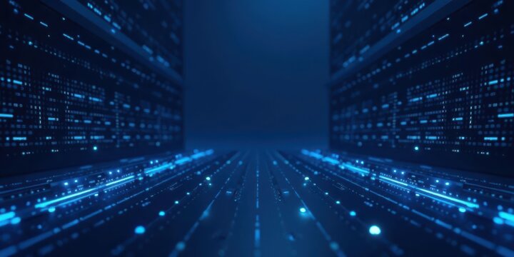 Abstract Digital Corridor Glowing Lines of Data Flowing Through a Futuristic Technological Landscape - Powered by Adobe