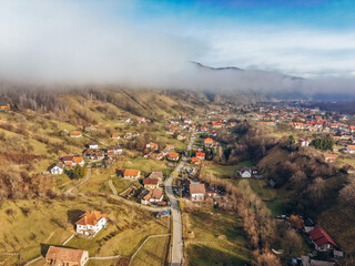 Aerial View of Moeciu de Jos Village in the Carpathian Mountains, Romania