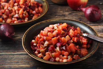 A bowl with traditional Rosolli salad, Finnish cuisine	