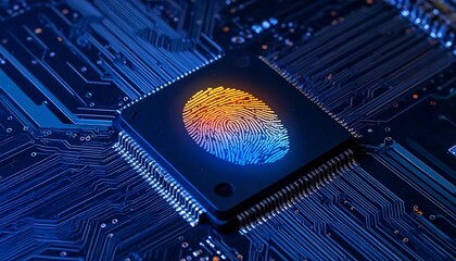 A close-up view of a computer chip with a fingerprint design, highlighted in shades of orange and blue