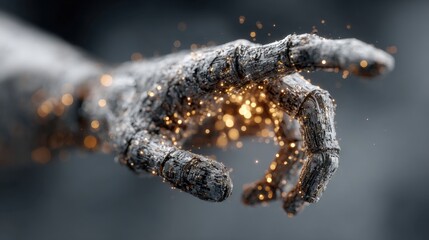 Abstract artificial intelligence concept featuring a detailed digital human face and hand, depicting big data technology and machine learning