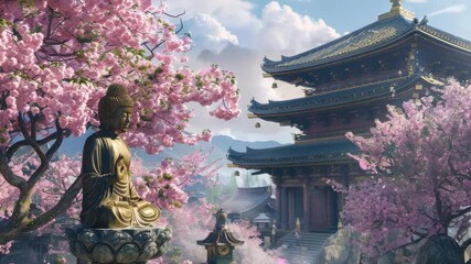 Video A Buddha statue stands before a traditional Asian-style pagoda, offering a serene and peaceful scene