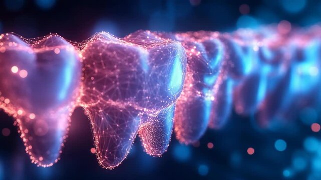 A futuristic digital visualization of human teeth created with glowing particle networks, blending science, health, and technology, innovation in dentistry, biology, and modern medical research.