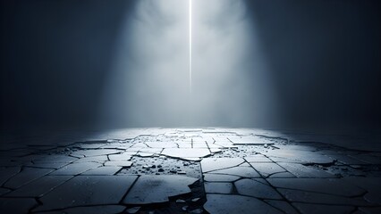 Dramatic light beam illuminating a desolate, cracked ground in a mysterious, foggy environment
