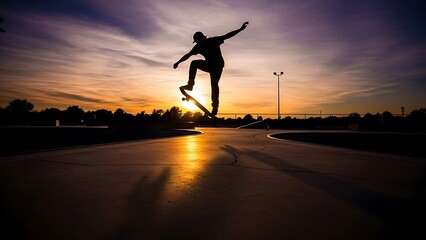 Dynamic silhouette of a skateboarder executing an aerial jump trick against a vibrant sunset sky