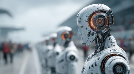 Abstract artificial intelligence concept featuring a detailed digital human face and hand, depicting big data technology and machine learning